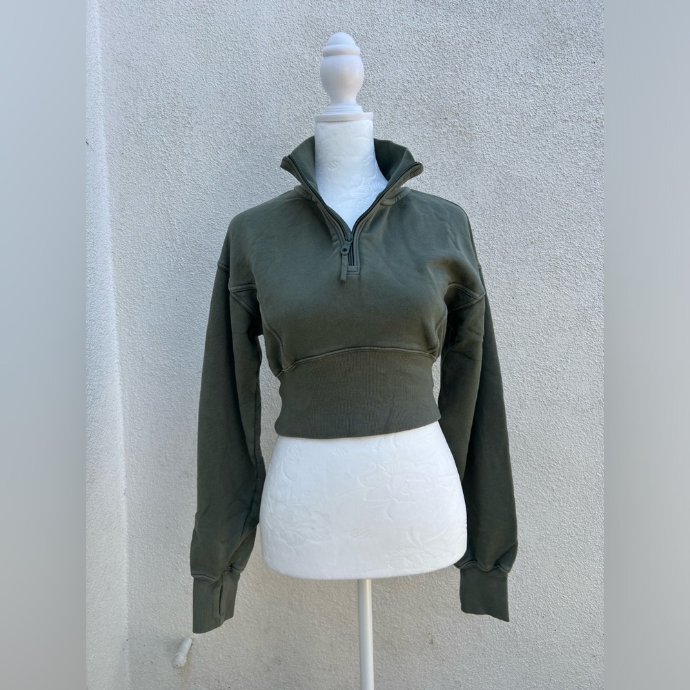 Aerie Offline Cropped Quarter Zip Sweatshirt Olive